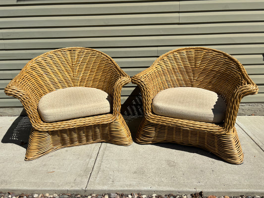 Pair of Large Vintage Wicker Chairs with cream cushion