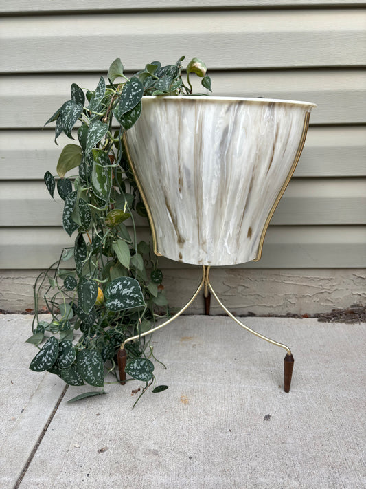 Vintage Planter and Brass Plant Stand  with walnut feet