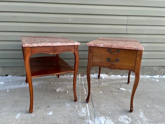 Pair of Beaucraft vintage Wooden Side Tables with Pink Marble Top