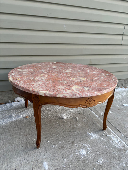 Vintage Pink Marble Stone Top Wooden Coffee Table